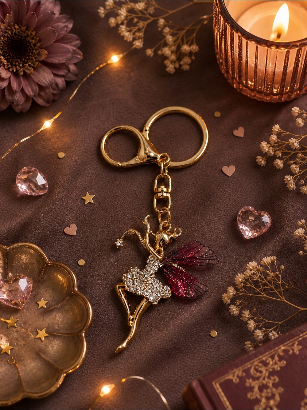 Gold Fairy Keychain with Pink Wings NEW